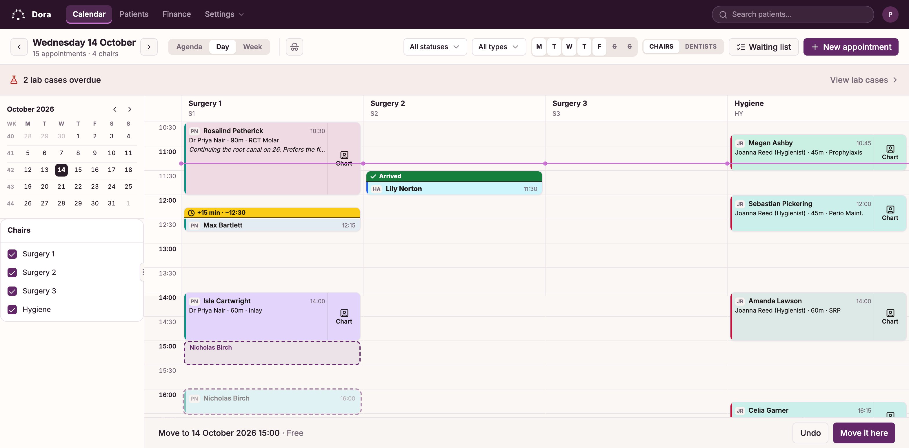 An appointment being dragged to a new time on the Dora Dental calendar: a dashed outline at 3:00 PM where it will go, the original faded at 4:00 PM, and a bar along the bottom confirming the slot is free, with Undo and Move it here buttons.