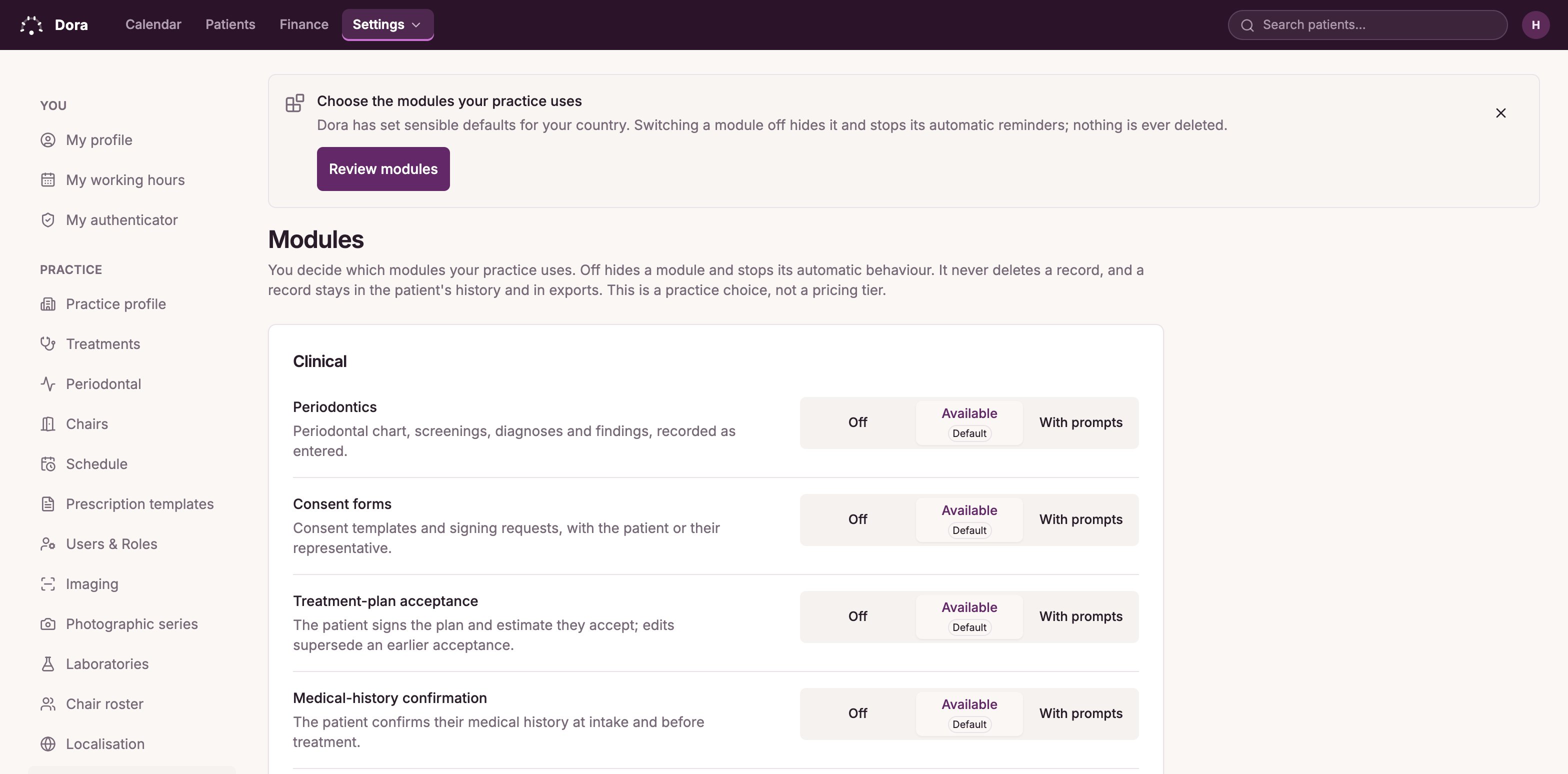 The Dora Dental modules page: a practice switches on only the modules it uses.