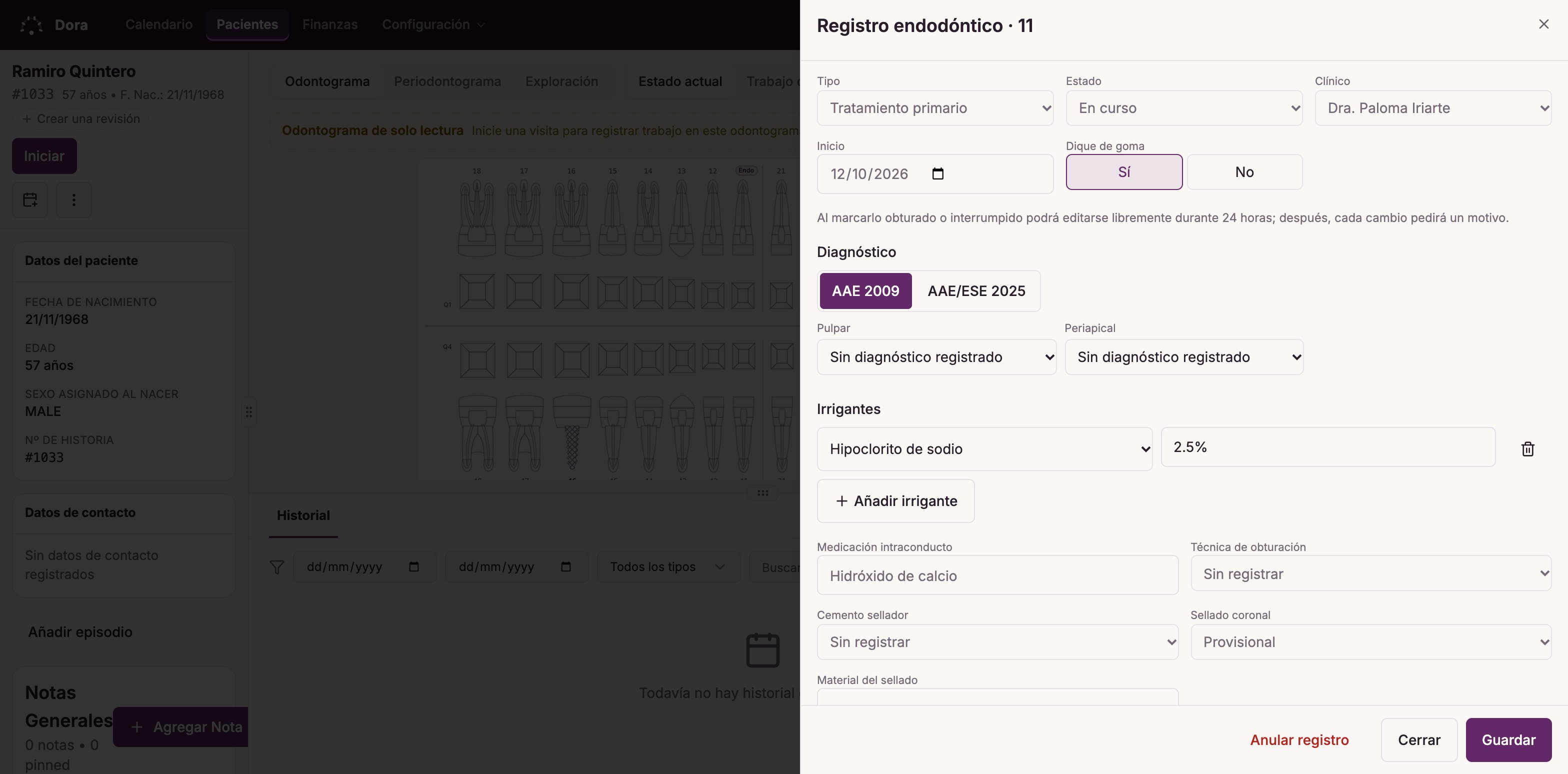 El registro endodóntico de Dora Dental en un diente de un paciente ficticio, con cada conducto tratado.