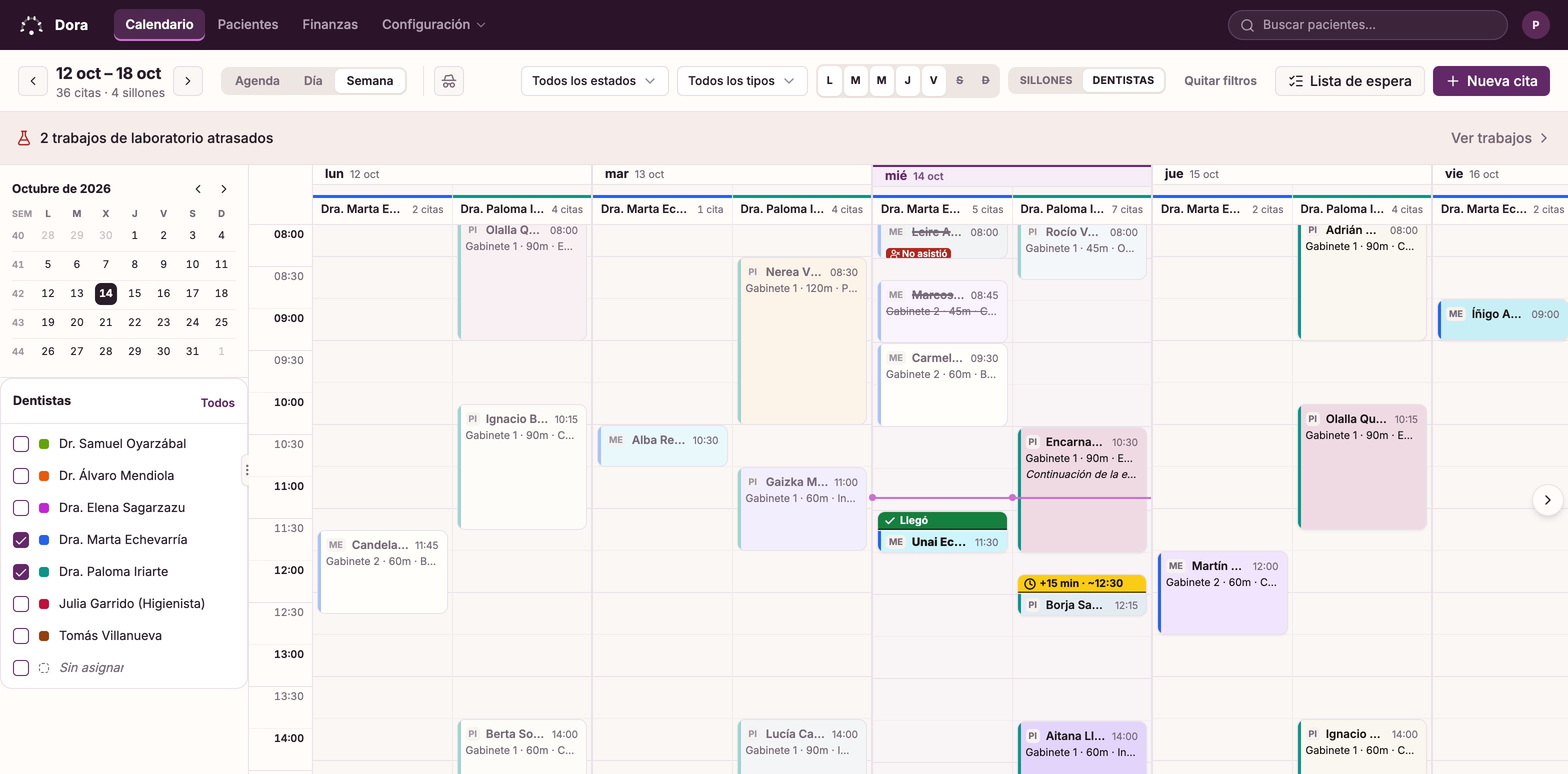 La vista Semana de Dora Dental: de lunes a viernes uno al lado del otro, cada cita colocada por hora y coloreada por tratamiento, con la columna de hoy resaltada.
