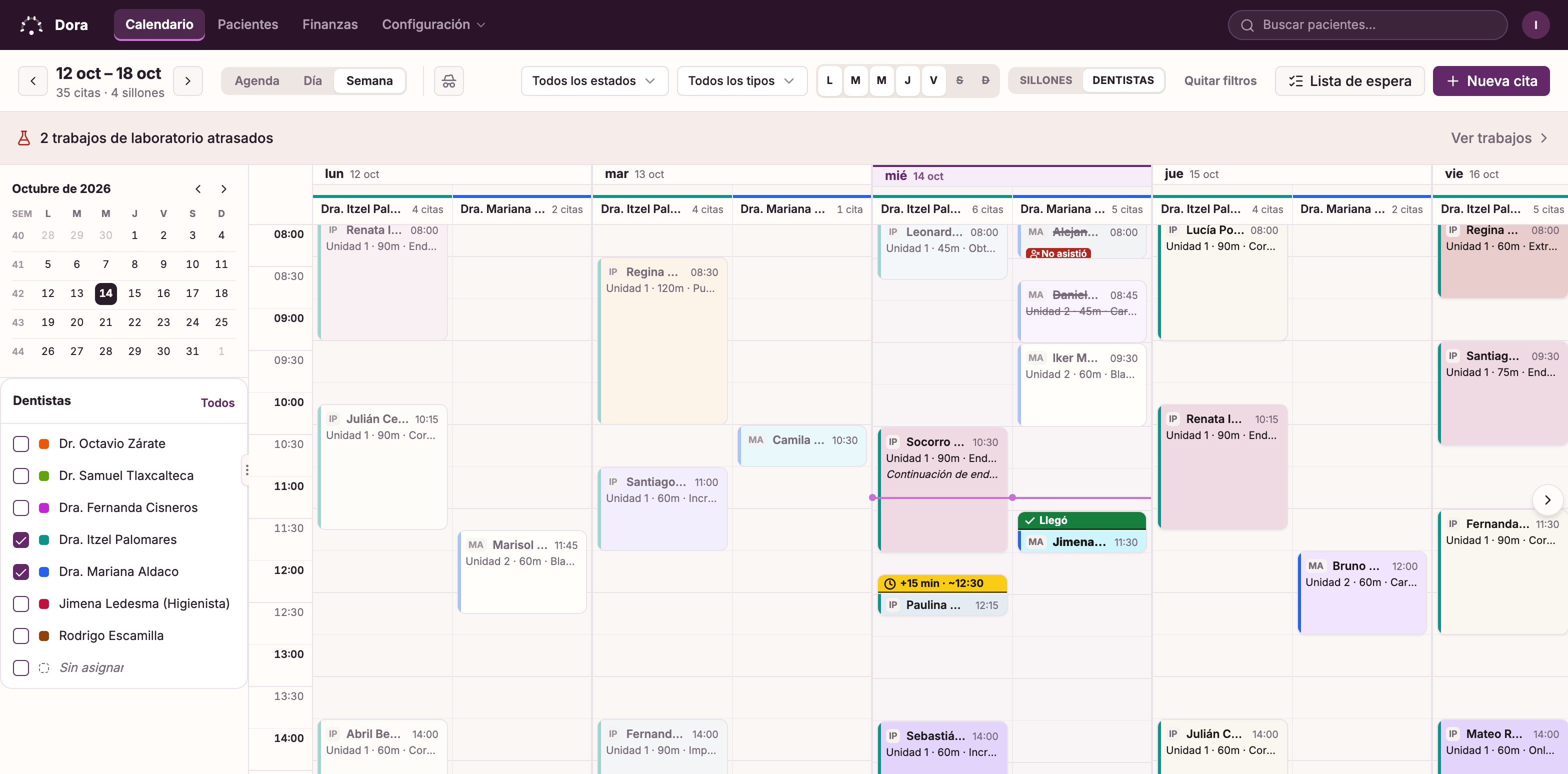 La vista Semana de Dora Dental: de lunes a viernes uno al lado del otro, cada cita colocada por hora y coloreada por tratamiento, con la columna de hoy resaltada.