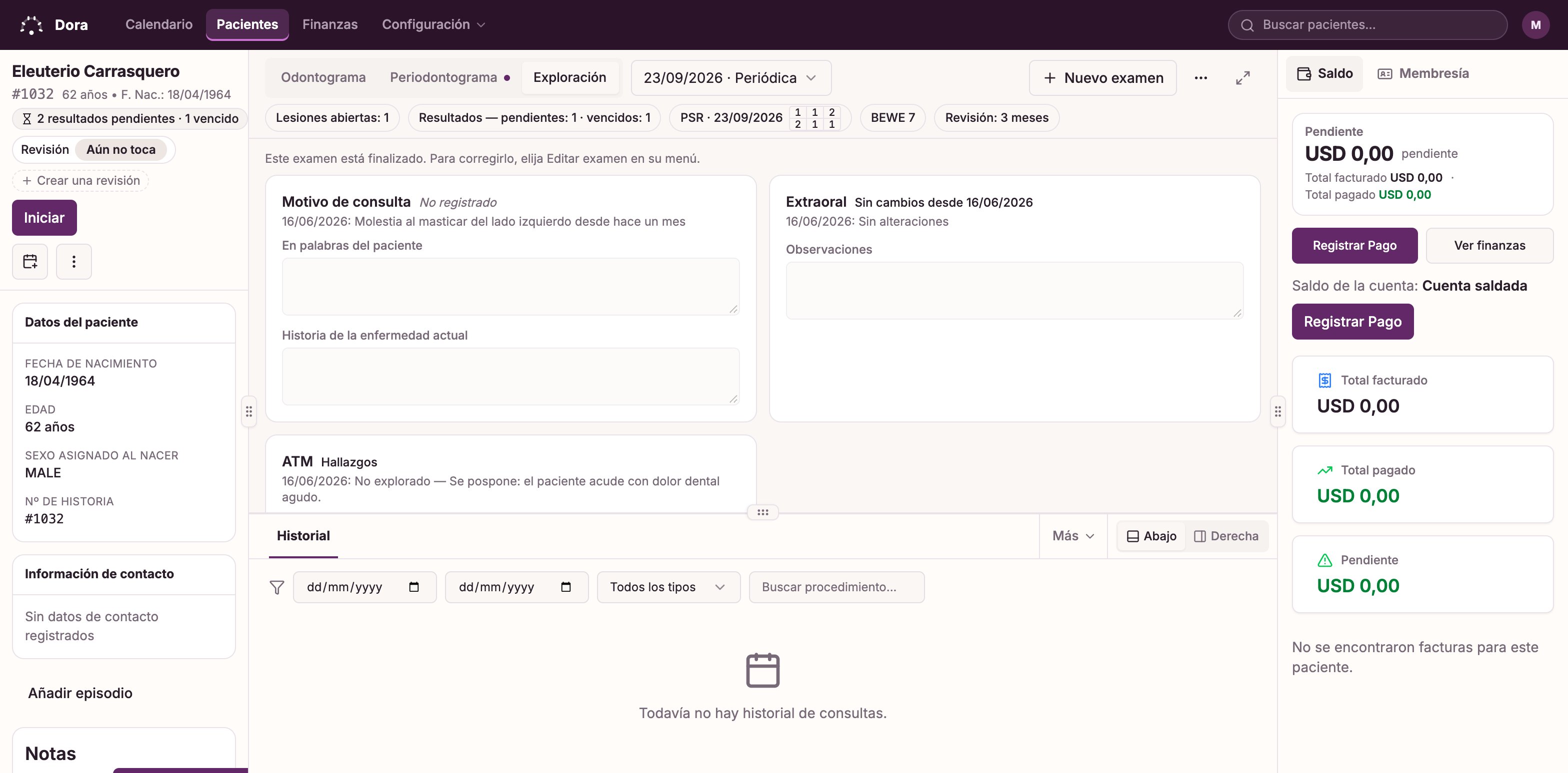 El examen clínico de Dora Dental de un paciente ficticio: hallazgos extraorales, intraorales y de tejidos blandos tal como los registró el clínico.