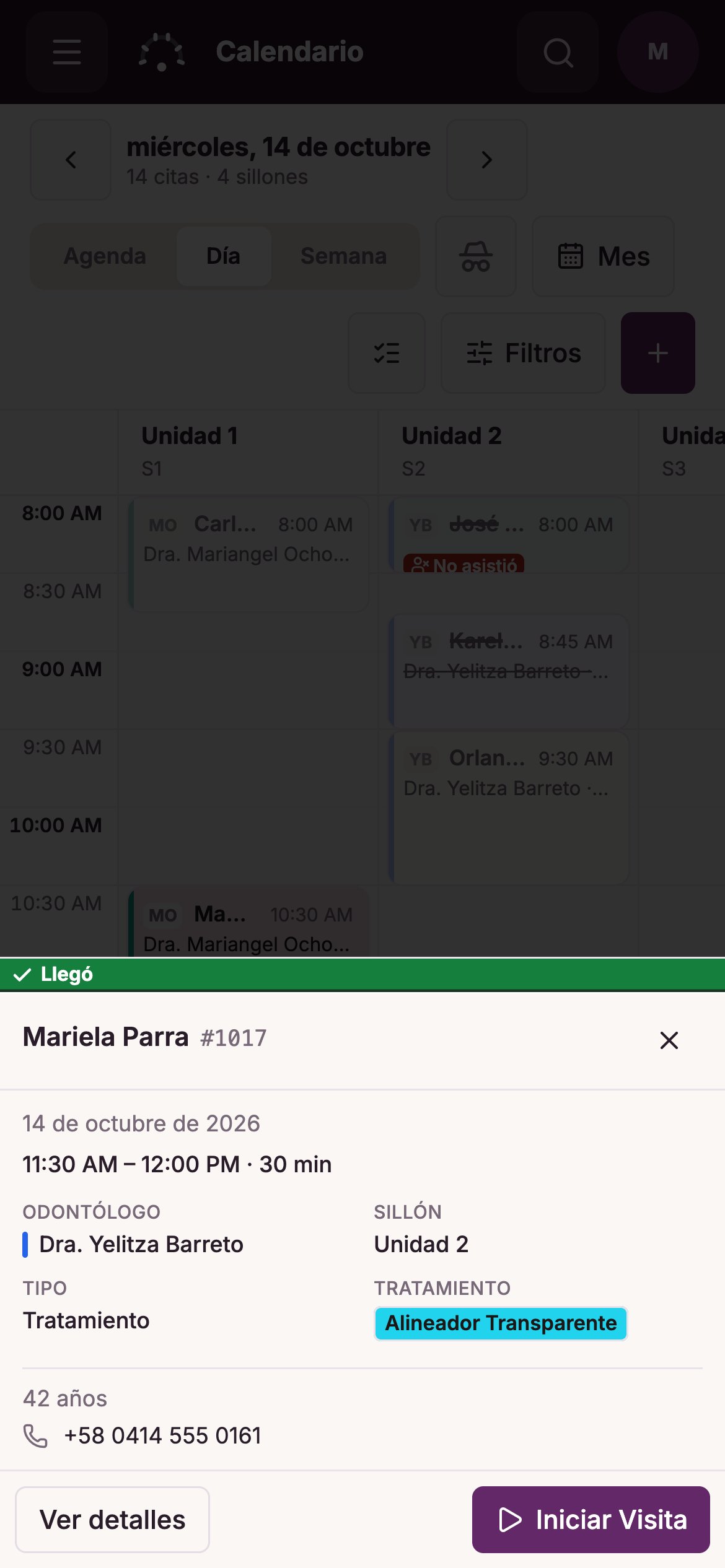 El calendario de Dora Dental en el celular con una tarjeta que sube desde abajo para un paciente que ya llegó: hora, odontóloga, sillón, tratamiento, edad y teléfono, con un botón para ver los detalles y otro para iniciar la consulta.