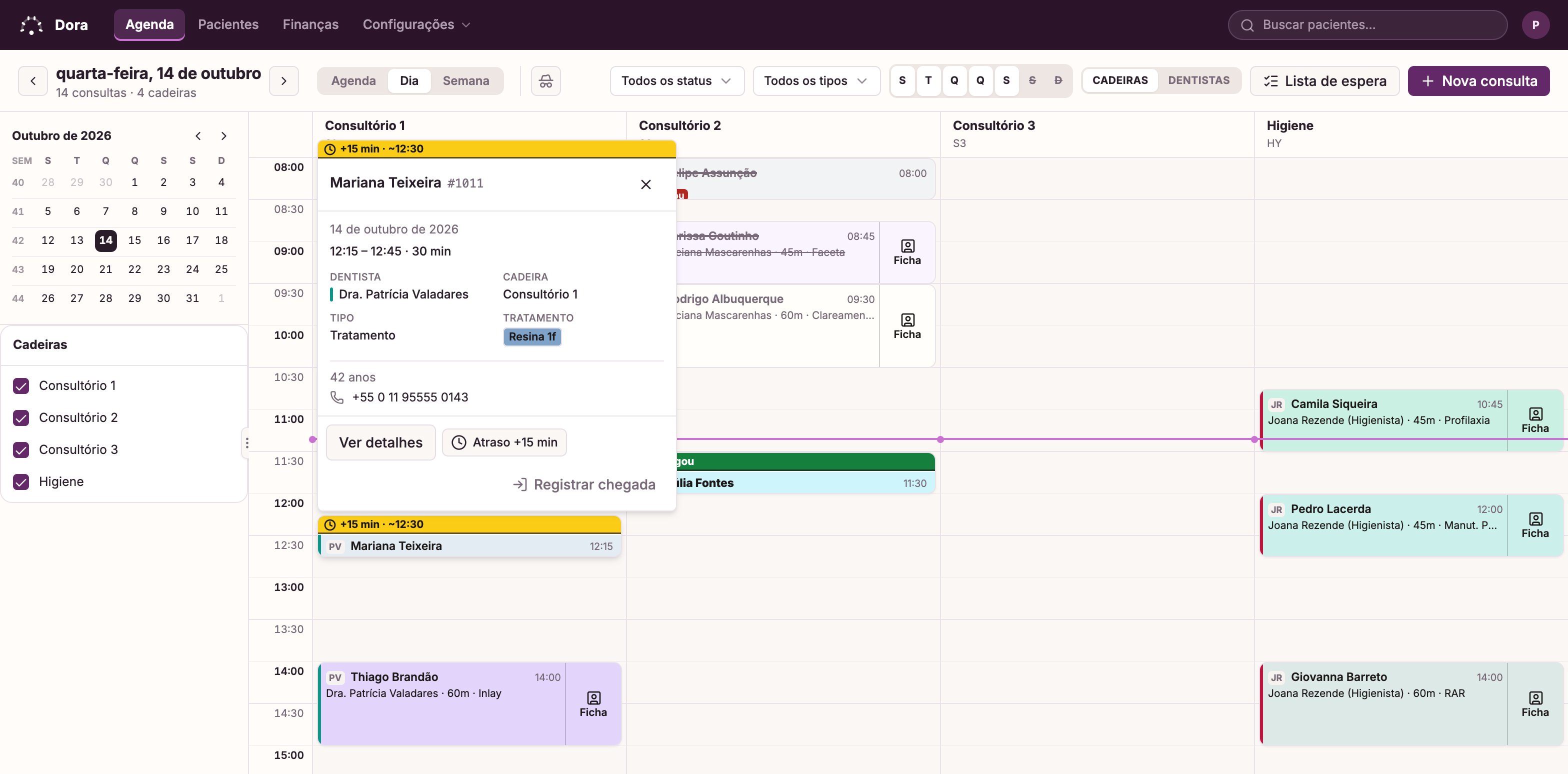 Um cartão aberto sobre o calendário do Dora Dental para um paciente quinze minutos atrasado: data e horário, dentista, cadeira, tratamento, idade e telefone, com botões para ver os detalhes, marcar o atraso ou registrar a chegada.