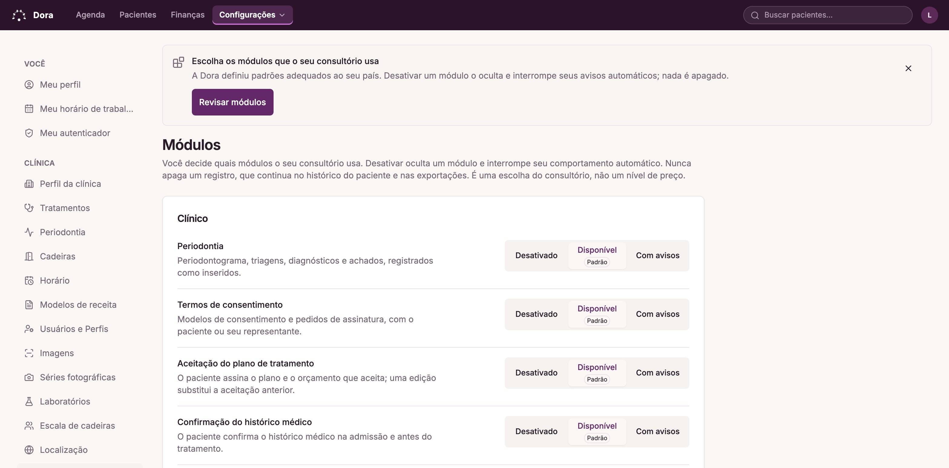 A página de módulos do Dora Dental: uma clínica liga apenas os módulos que usa.