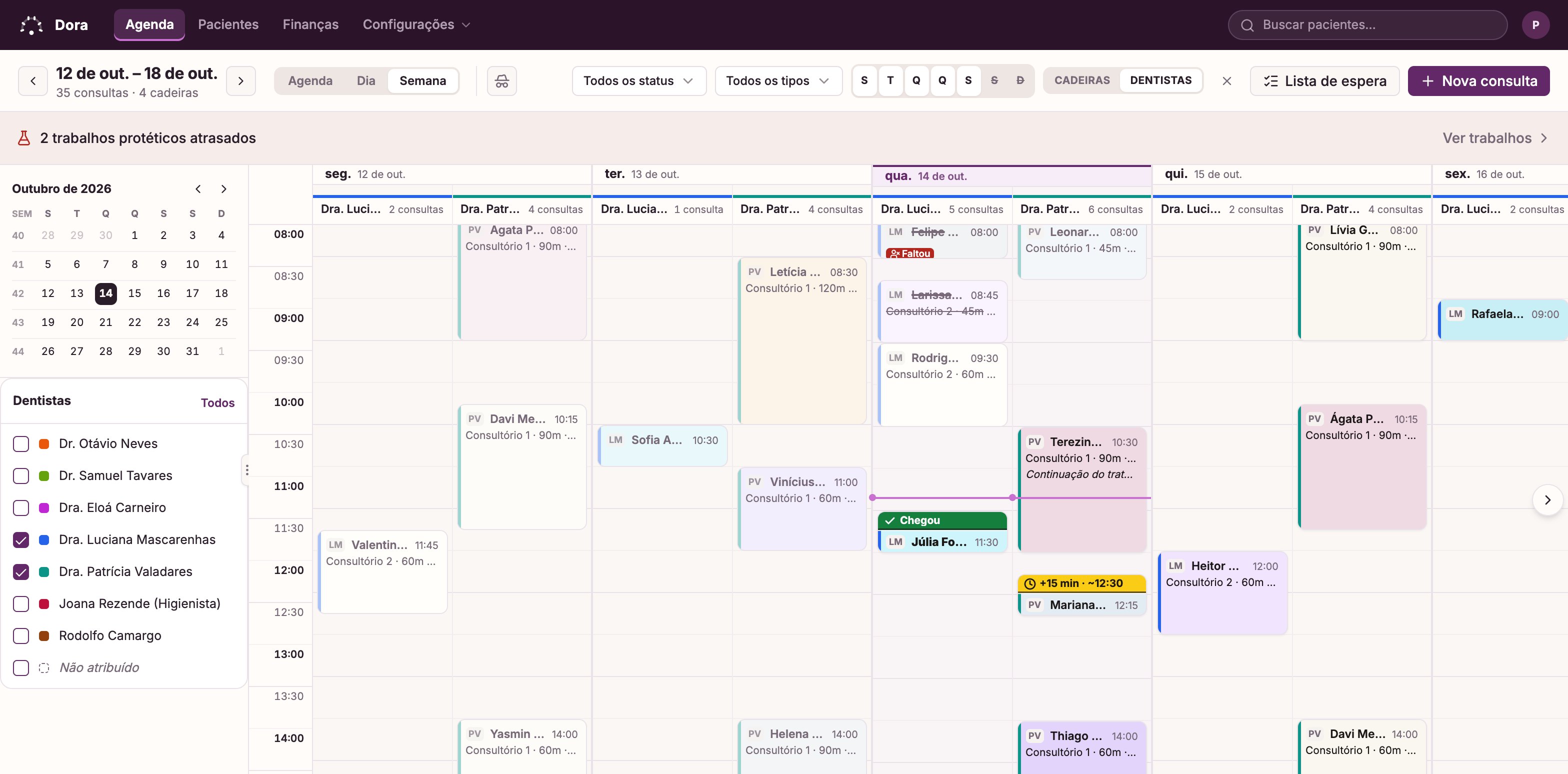 A visão Semana do Dora Dental: de segunda a sexta lado a lado, cada consulta posicionada por horário e colorida por tratamento, com a coluna de hoje em destaque.